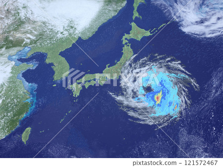 A fictional weather map of a large typhoon approaching eastern Japan and raincloud radar (3DCG image) 121572467