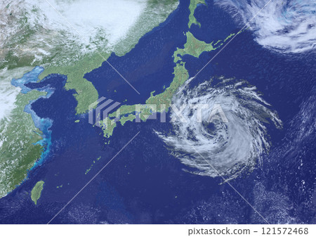 A fictional weather map of a large typhoon approaching eastern Japan (3DCG image) 121572468
