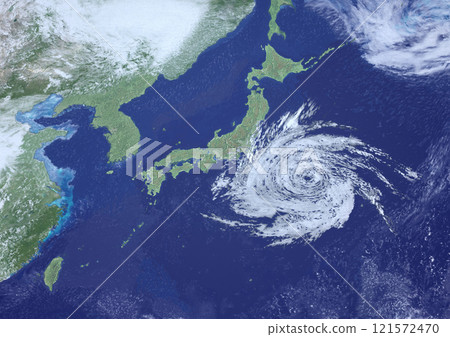 A fictional weather map of a large typhoon approaching eastern Japan (3DCG image) 121572470