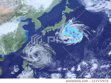 A fictional weather chart of a large typhoon approaching Japan and a raincloud radar (3DCG image) 121572478