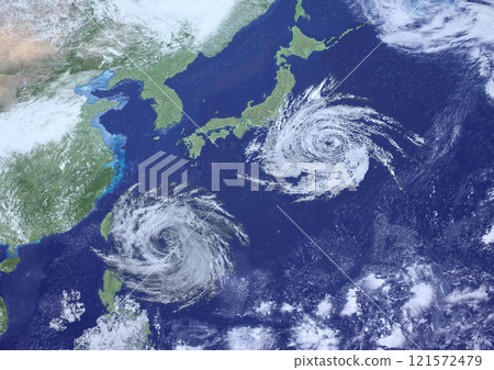 接近日本附近的大型颱風的天氣圖 - 虛構（3DCG 圖像） 121572479