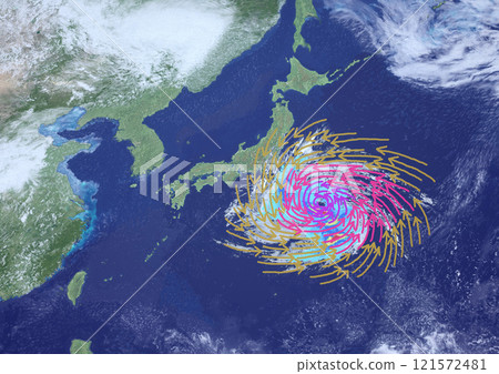 A fictional weather chart showing the wind direction and strength of a large typhoon approaching Japan (3DCG image) 121572481