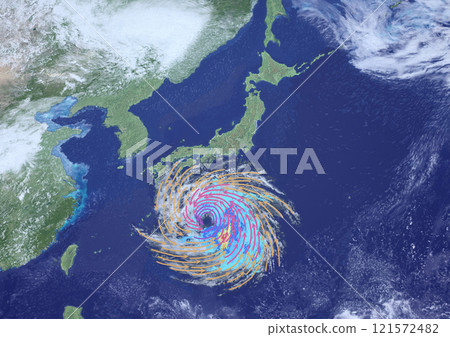 A fictional weather chart showing the wind direction and strength of a large typhoon approaching Japan (3DCG image) 121572482