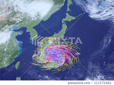 A fictional weather chart showing the wind direction and strength of a large typhoon approaching Japan (3DCG image) 121572483
