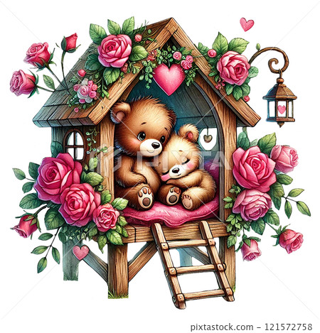 A charming illustration of teddy bears in a flower-adorned house. Valentine Cartoon character. 121572758