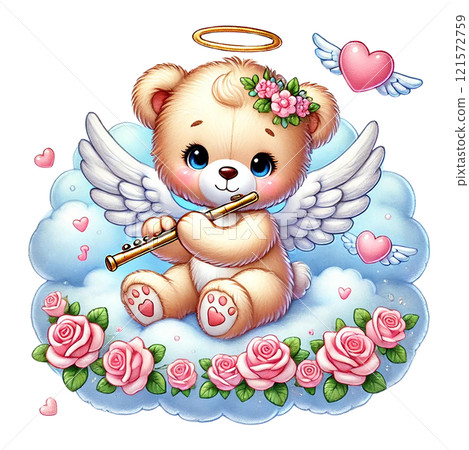 A cute angel bear playing flute among flowers and hearts. Valentine Cartoon character. 121572759