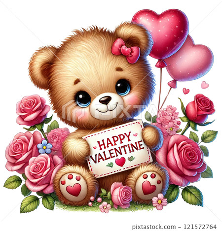 Adorable teddy bear holding a Valentine's card surrounded by roses. Valentine Cartoon character. 121572764