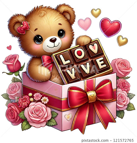 Adorable teddy bear in a gift box surrounded by roses and hearts. Valentine Cartoon character. 121572765