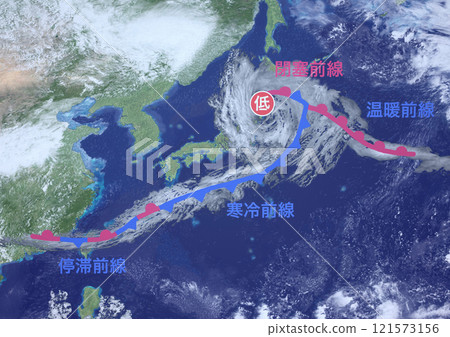 Japanese archipelago cold front, warm front, occluded front, stationary front, symbols and letters, fictional weather map (3DCG image) 121573156