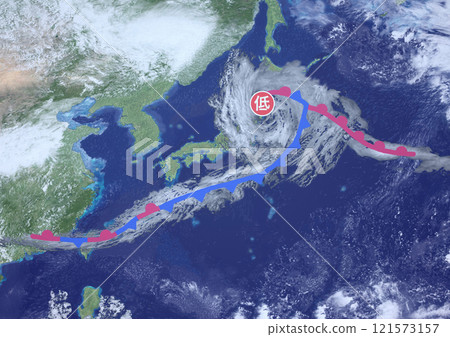 Japanese archipelago cold front warm front occluded front stationary front symbols fictional weather map (3DCG image) Japanese archipelago cold front warm front occluded front stationary front symbols fictional weather map (3DCG image) 121573157