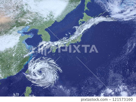 Japanese Archipelago Autumn Rain Front and Typhoon Imaginary Weather Map (3DCG Image) 121573160