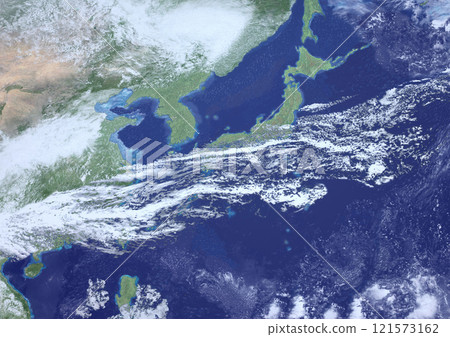 日本列島與雨季鋒面的虛構天氣圖（3DCG 影像） 121573162