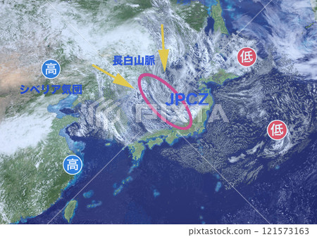 日本海極地氣團輻合帶 (JPCZ) 虛構天氣圖、字符和符號（3DCG 圖像） 121573163