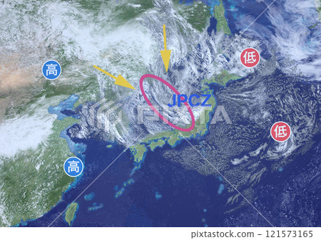 Japan Sea Polar Air Mass Convergence Zone (JPCZ) - Fictional weather chart, letters and symbols (3DCG image) 121573165