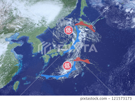 日本列島、二玉氣旋、虛構的天氣圖和符號（3DCG 圖像） 121573173