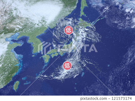 Japanese Archipelago, Futatsudama Low Pressure System, fictional weather chart and symbols (3DCG image) 121573174