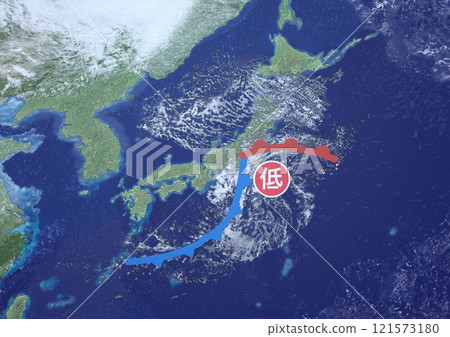 日本列島南海岸低壓虛擬天氣圖和符號（3DCG 圖像） 121573180