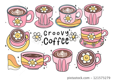 Group of Cute Groovy Retro Coffee Equipment Coloring Image Doodle Hand Drawn, grinder, pour over, bean, bag, drip, espresso, press 121573279