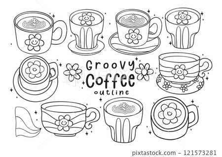 Group of Cute Groovy Retro Coffee Equipment Coloring Image Doodle Hand Drawn, grinder, pour over, bean, bag, drip, espresso, press 121573281