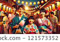 Illuminated street food stalls and a family at night 121573352
