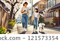 Parents who take a walk of a dog 121573354
