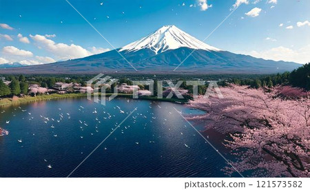 白雪皚皚的富士山、櫻花和湖泊景觀插畫 121573582