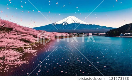 Illustration of a landscape of snow-capped Mt. Fuji, cherry blossoms, and a lake Illustration of a landscape of snow-capped Mt. Fuji, cherry blossoms, and a lake 121573588