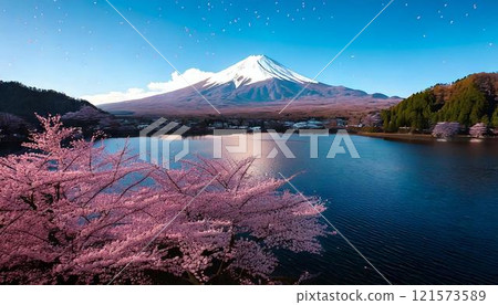 Illustration of a landscape of snow-capped Mt. Fuji, cherry blossoms, and a lake 121573589