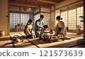 Family relaxing in an old house 121573639