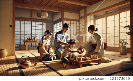 Family relaxing in an old house 121573639