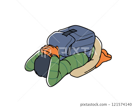 Lying face down and covering the back of the head with hands to protect it 121574140