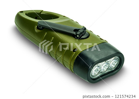 High angle view of modern portable LED flashlight powered by a battery. 121574234