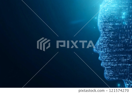 A digital code figure materializes from a luminous matrix, embodying the groundbreaking advancements 121574270