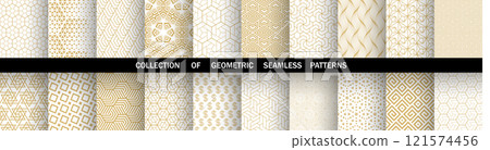 Geometric set of seamless golden and white patterns. Simple vector graphics Geometric set of seamless golden and white patterns. Simple vector graphics 121574456