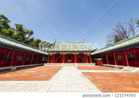Building view of the Koxinga Shrine(Yanping Junwang Temple) in Tainan, Taiwan, is the only Fujianese-style shrine in Taiwan. Building view of the Koxinga Shrine(Yanping Junwang Temple) in Tainan, Taiwan, is the only Fujianese-style shrine in Taiwan. 121574703