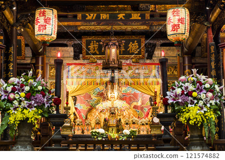 The main hall of the Great Mazu Temple in Tainan, Taiwan, enshrined statues of Mazu. the Mazu is a deified form of the medieval Fujianese shamaness Lin Moniang. 121574882