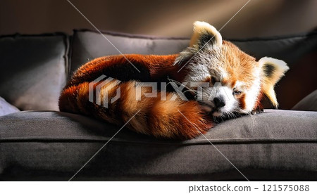 Realistic red panda curled up on a modern grey sofa 121575088