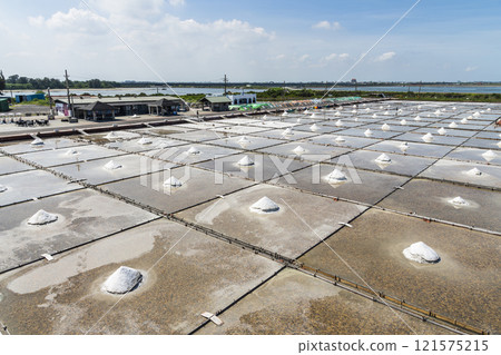 View of the Jingzaijiao Tile-Paved Salt Fields in Tainan, Taiwan, one of the Southwest Coast National Scenic Area attractions. 121575215