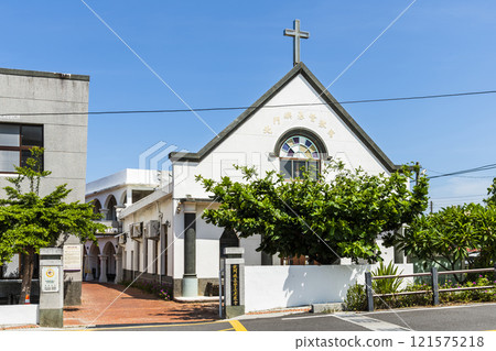 Building view of the Beimenyu Church in Tainan, Taiwan. it was built for local people who suffered from Blackfoot Disease. 121575218