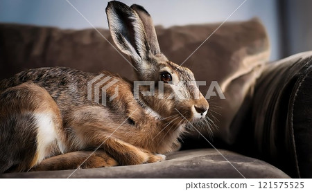 A realistic moment when a wild rabbit relaxes on a sofa A realistic moment when a wild rabbit relaxes on a sofa 121575525