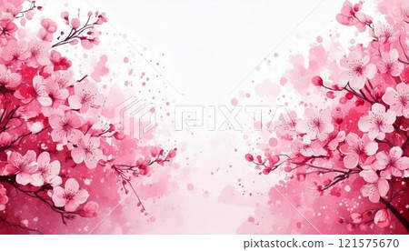 Beautiful cherry blossom frame with petals falling on a pale white blurred background. Watercolor style illustration Beautiful cherry blossom frame with petals falling on a pale white blurred background. Watercolor style illustration 121575670