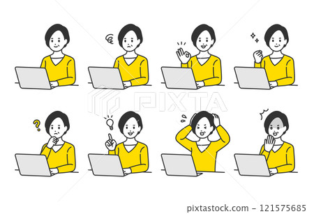 A set of middle-aged women with various expressions and poses while looking at a computer [People vector illustration material] 121575685