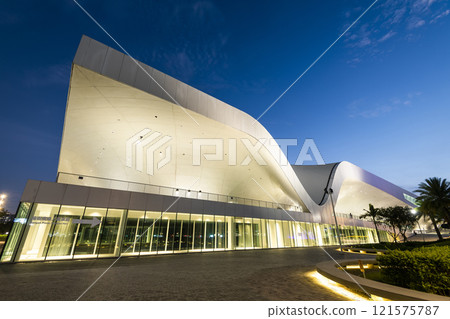 Night view of the National Kaohsiung Center for the Arts (Weiwuying), Taiwan. The site was originally a military compound and was reconstructed as an arts center. 121575787