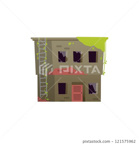 Abandoned destroyed old house, vector flat mossy city building with broken windows isolated, war or earthquake hurricane Abandoned destroyed old house, vector flat mossy city building with broken windows isolated, war or earthquake hurricane 121575962