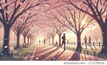 A peaceful stroll along the cherry blossom-lined street on a spring morning 121576030