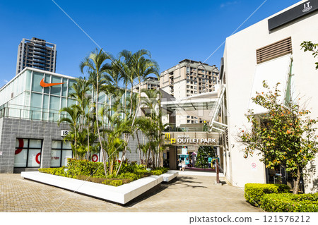Low-angle view of the Mitsui Outlet Park Linkou in New Taipei City, Taiwan. It is Mitsui Fudosan's third overseas base. Low-angle view of the Mitsui Outlet Park Linkou in New Taipei City, Taiwan. It is Mitsui Fudosan's third overseas base. 121576212