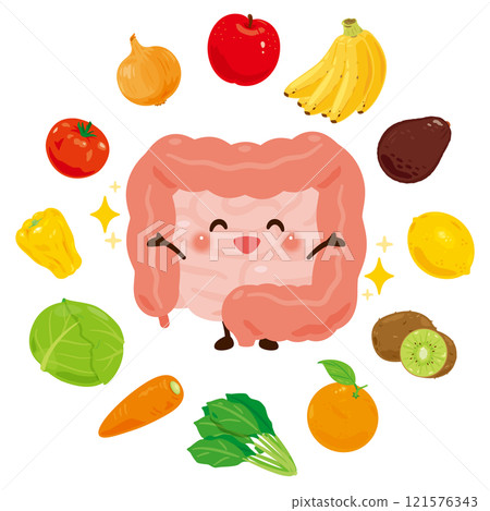 被蔬菜和水果包圍的微笑腸道的人物插圖 121576343