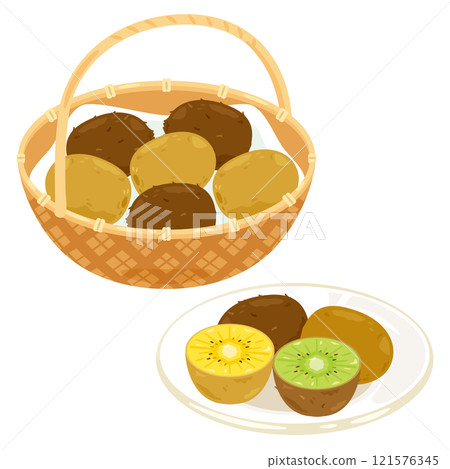 綠色獼猴桃和金色獼猴桃放在籃子裡 121576345