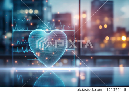 Digital heart rate graph and futuristic heart hologram Digital heart rate graph and futuristic heart hologram 121576446