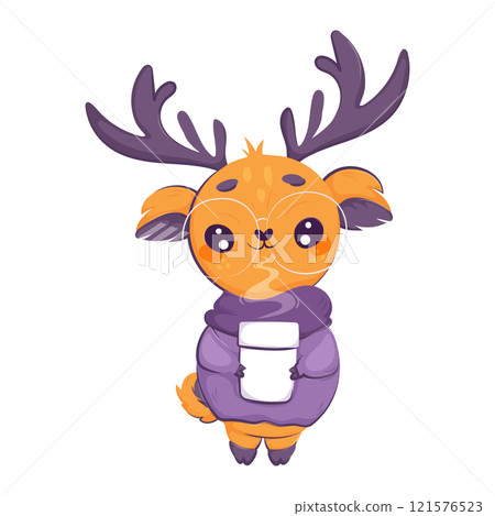 Cute cartoon deer wearing glasses, a purple sweater, and scarf, holding a coffee cup. Perfect for cozy, winter-themed designs. Cute cartoon deer wearing glasses, a purple sweater, and scarf, holding a coffee cup. Perfect for cozy, winter-themed designs. 121576523